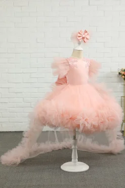 Pink High-low Tulle Flower Girl Dress with Bow