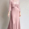 Pink Lace Ruched Long Sleeves Mother of the Bride Dress