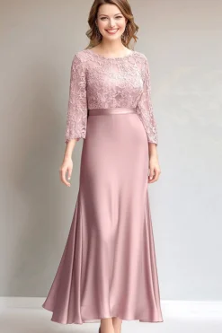 Pink Lace Ruched Long Sleeves Mother of the Bride Dress
