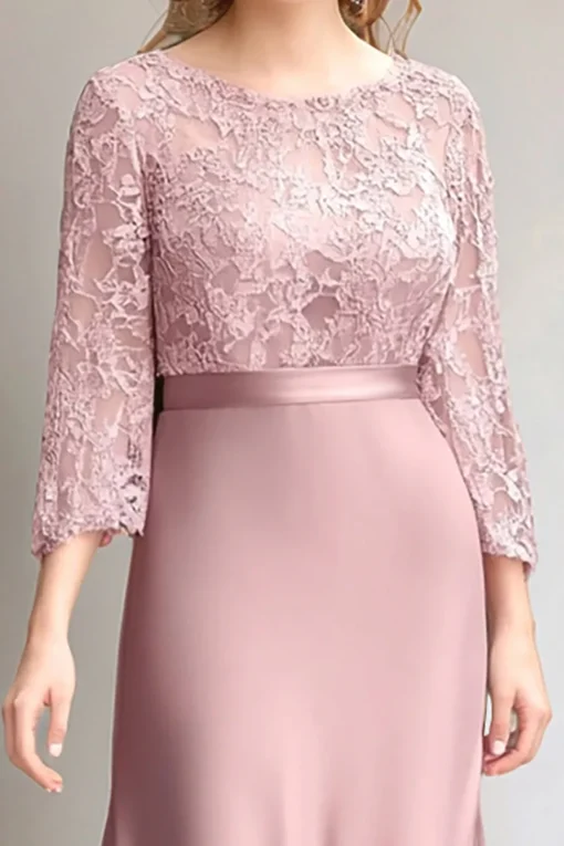 Pink Lace Ruched Long Sleeves Mother of the Bride Dress