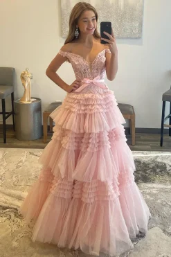 Pink Layered Off the Shoulder Princess Prom Dress with Beading