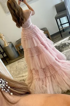 Pink Layered Off the Shoulder Princess Prom Dress with Beading