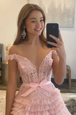 Pink Layered Off the Shoulder Princess Prom Dress with Beading