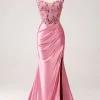 Pink Mermaid Spaghetti Straps Sequin Corset Prom Dress with Slit
