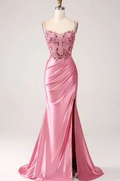 Pink Mermaid Spaghetti Straps Sequin Corset Prom Dress with Slit