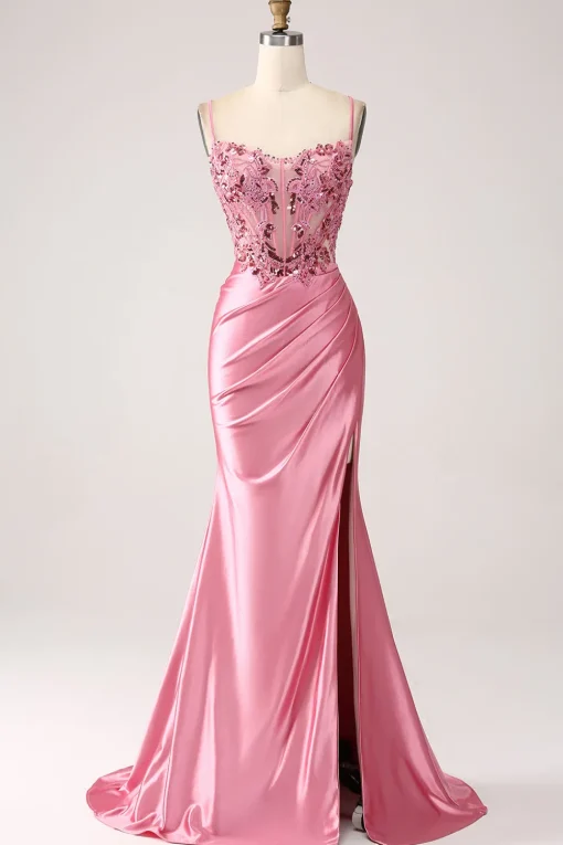 Pink Mermaid Spaghetti Straps Sequin Corset Prom Dress with Slit