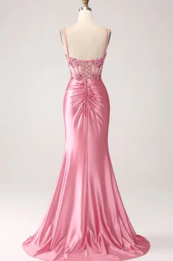 Pink Mermaid Spaghetti Straps Sequin Corset Prom Dress with Slit