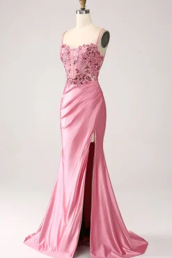 Pink Mermaid Spaghetti Straps Sequin Corset Prom Dress with Slit