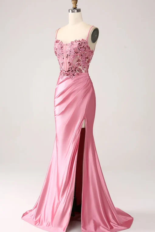 Pink Mermaid Spaghetti Straps Sequin Corset Prom Dress with Slit