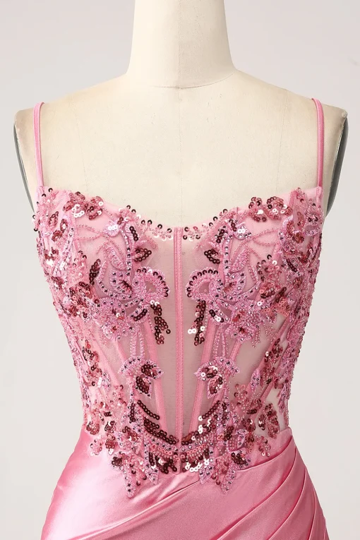 Pink Mermaid Spaghetti Straps Sequin Corset Prom Dress with Slit