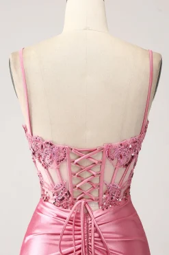 Pink Mermaid Spaghetti Straps Sequin Corset Prom Dress with Slit