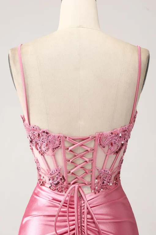 Pink Mermaid Spaghetti Straps Sequin Corset Prom Dress with Slit