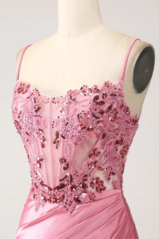 Pink Mermaid Spaghetti Straps Sequin Corset Prom Dress with Slit