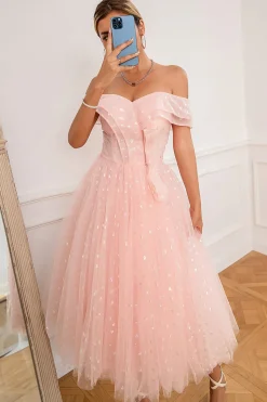 Pink Off Shoulder Hearts Prom Dress