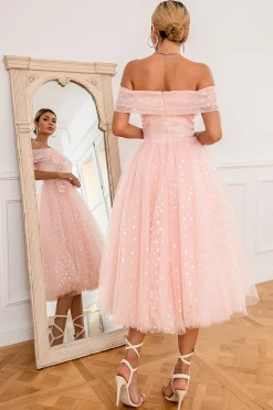 Pink Off Shoulder Hearts Prom Dress