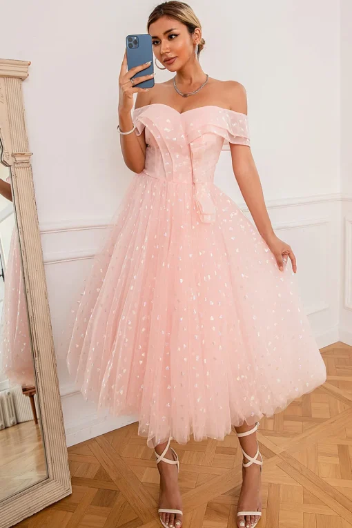 Pink Off Shoulder Hearts Prom Dress