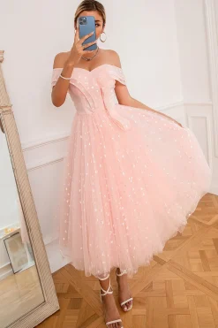 Pink Off Shoulder Hearts Prom Dress