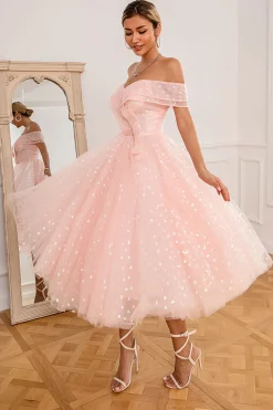 Pink Off Shoulder Hearts Prom Dress