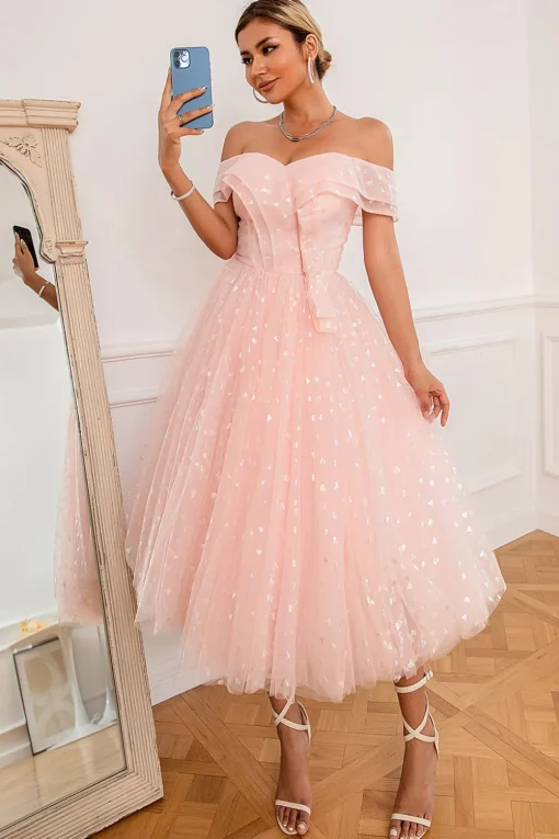 Pink Off Shoulder Hearts Prom Dress