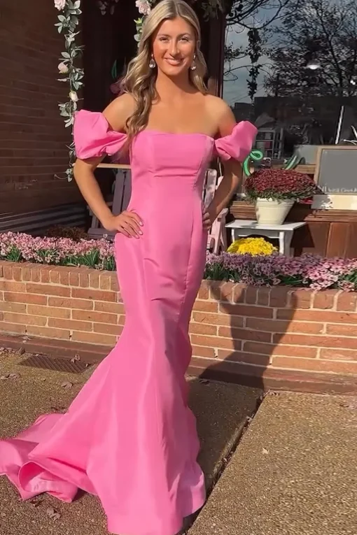 Pink Off the Shoulder Mermaid Long Prom Dress