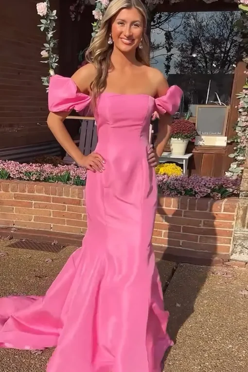 Pink Off the Shoulder Mermaid Long Prom Dress