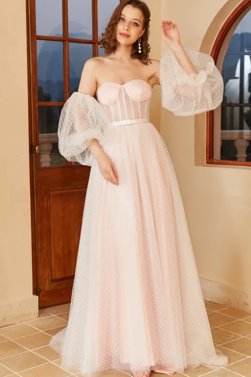 Pink Polka Dots Wedding Dress with Puff Sleeves