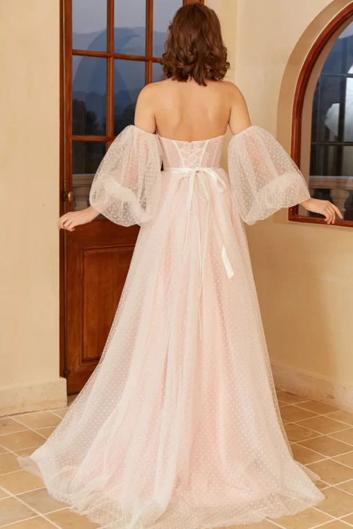 Pink Polka Dots Wedding Dress with Puff Sleeves