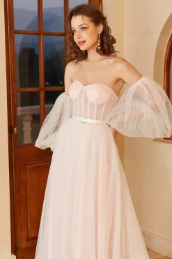 Pink Polka Dots Wedding Dress with Puff Sleeves