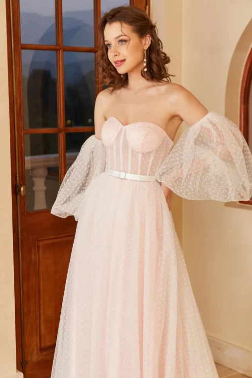 Pink Polka Dots Wedding Dress with Puff Sleeves