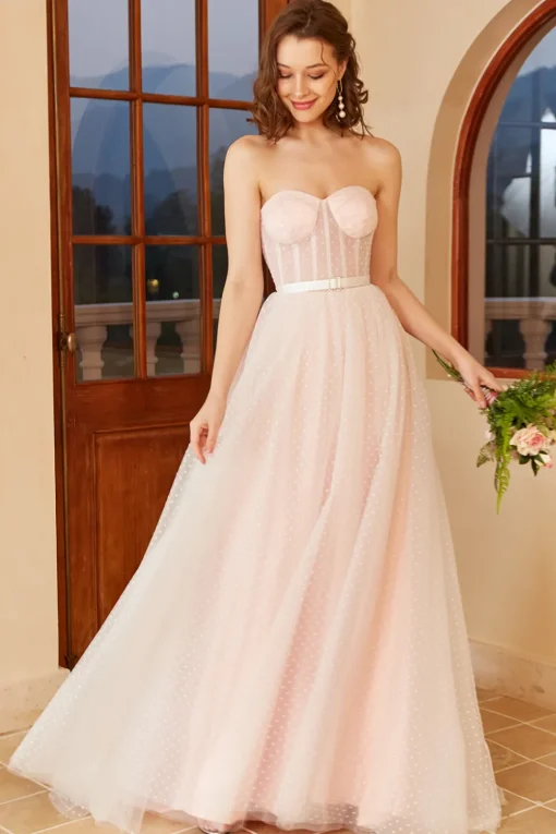 Pink Polka Dots Wedding Dress with Puff Sleeves