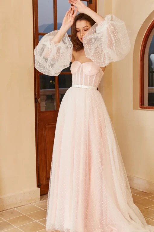 Pink Polka Dots Wedding Dress with Puff Sleeves