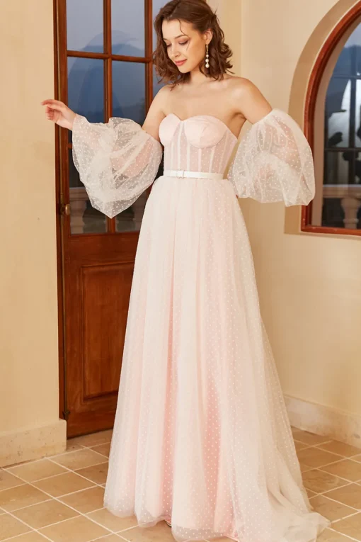 Pink Polka Dots Wedding Dress with Puff Sleeves