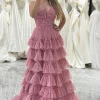 Pink Print A-Line Spaghetti Straps Tiered Long Prom Dress