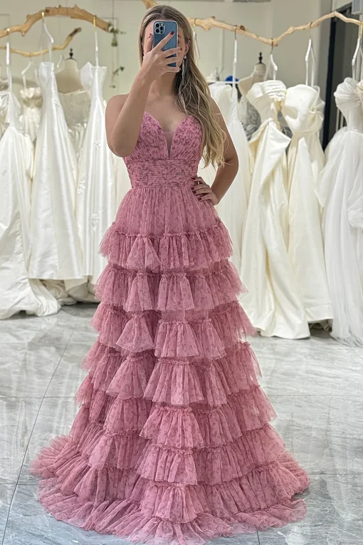Pink Print A-Line Spaghetti Straps Tiered Long Prom Dress