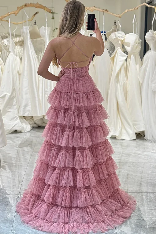 Pink Print A-Line Spaghetti Straps Tiered Long Prom Dress