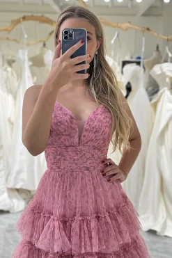 Pink Print A-Line Spaghetti Straps Tiered Long Prom Dress