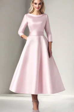 Pink Satin A Line Tea Length Mother of the Bride Dress