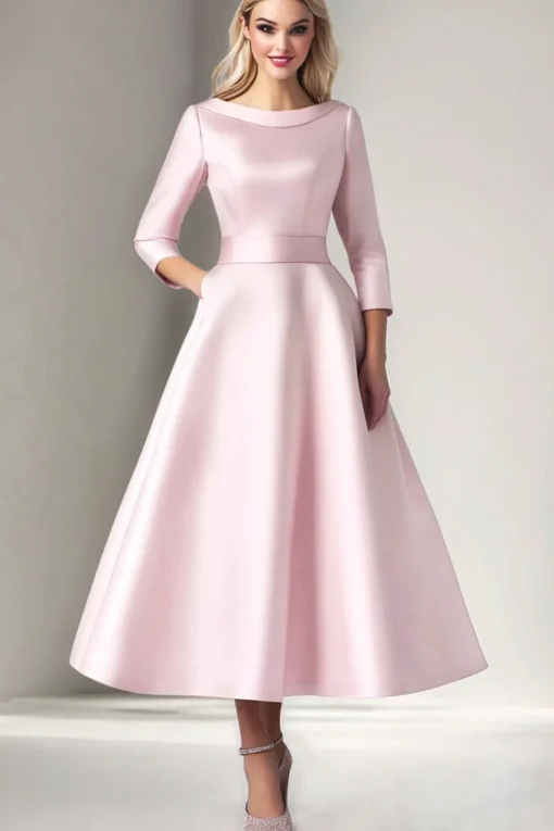Pink Satin A Line Tea Length Mother of the Bride Dress