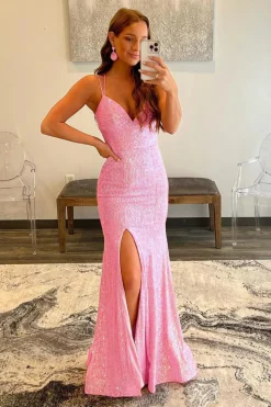 Pink Sequins Mermaid Prom Dress