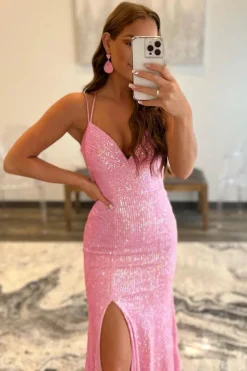 Pink Sequins Mermaid Prom Dress
