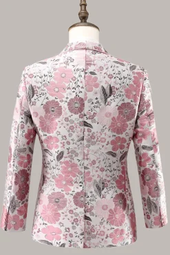 Pink Shawl Lapel Floral Jacquard One Button Men's Prom Blazer