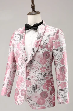 Pink Shawl Lapel Floral Jacquard One Button Men's Prom Blazer