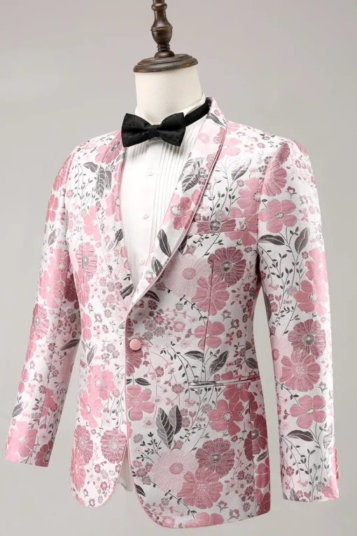 Pink Shawl Lapel Floral Jacquard One Button Men's Prom Blazer