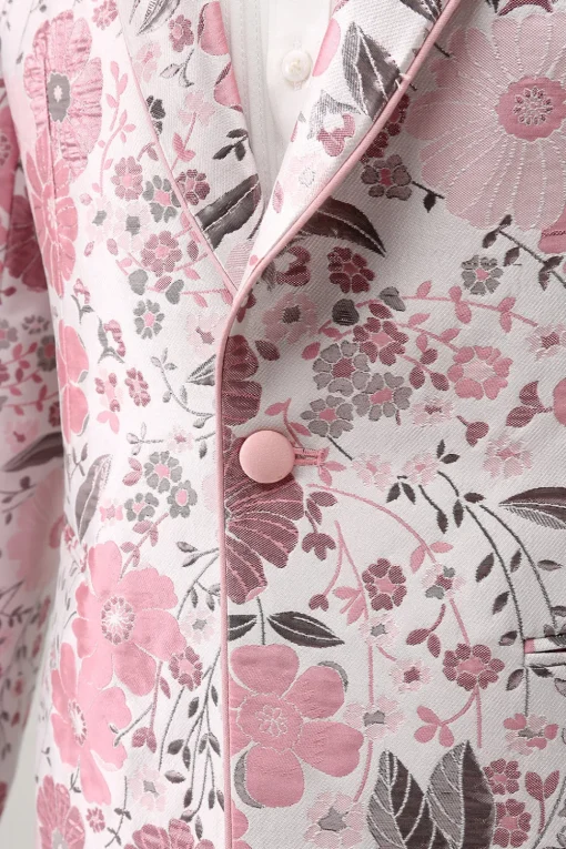 Pink Shawl Lapel Floral Jacquard One Button Men's Prom Blazer