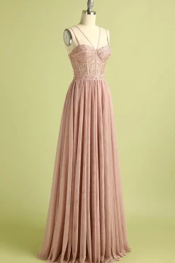 Pink Spaghetti Straps Prom Dress with Slit