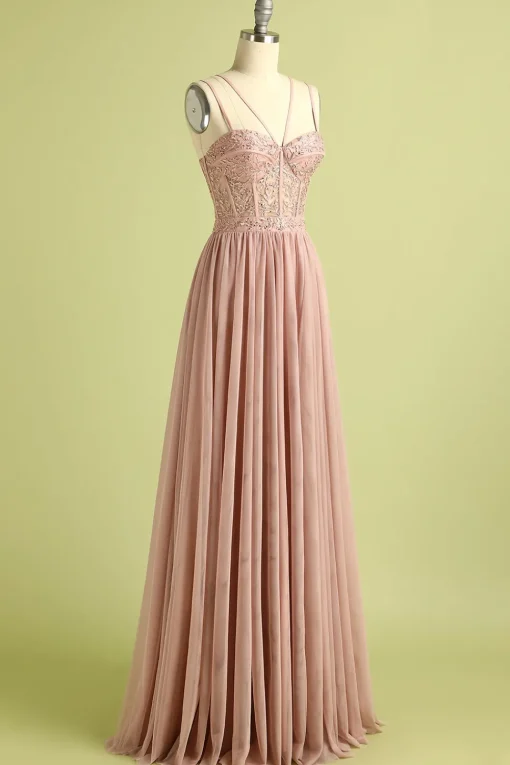 Pink Spaghetti Straps Prom Dress with Slit