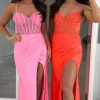 Pink Sparkly Beaded Corset Mermaid Ruched Long Prom Dress