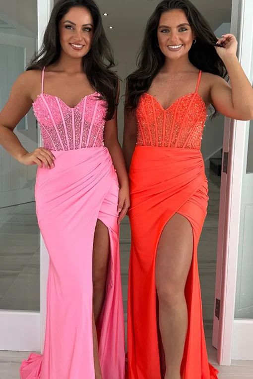 Pink Sparkly Beaded Corset Mermaid Ruched Long Prom Dress