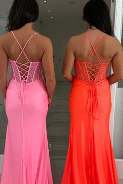Pink Sparkly Beaded Corset Mermaid Ruched Long Prom Dress
