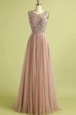 Pink Tulle A Line Princess Prom Dress with Beading